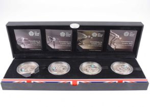 ROYAL MINT; a 'Countdown to London 2012 Four £5 Silver Proof Coin Set', 2009, 2010, 2011 and 2012,