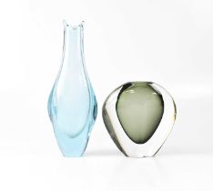 ORREFORS; a smoky grey cased glass vase of flat tapered form, height 15cm, together with a pale blue
