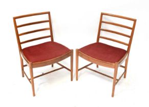 BIETHCRAFT LTD; a set of six 20th century retro teak-framed bar back dining chairs with red