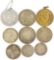 Mixed silver and half silver coins, to include an 1888 Victorian Gothic florin, an 1896 crown, an