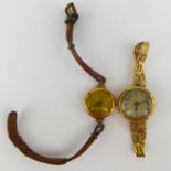Two ladies' 9ct gold crown wind wristwatches, one on a rolled gold bracelet strap, the other on a