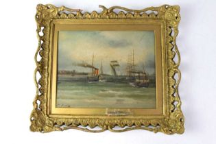 J. BOURNE; oil on board, shipping scene depicting paddle steamer and other vessels, with cityscape