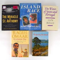 Five signed sporting and topographical books, comprising John McCarthy and Sandy Toksvig 'Island