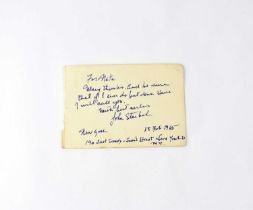 JOHN STEINBECK; a torn page from an autograph album signed and dedicated, 'For Nate many thanks