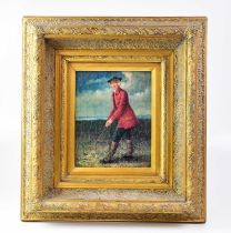 A coloured print of a 19th century golfer, 24 x 19cm, in ornate heavy gilded frame.