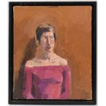 X PAUL RICHARDS (born 1949); oil on canvas, portrait of female in purple dress, 41 x 33cm, framed.