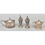 MARPLES & CO; a hallmarked silver three piece cruet, Chester 1907, a Birmingham hallmarked mustard