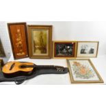 An Encore acoustic guitar ENC36N made in Romania, with carry case, and five decorative pictures