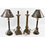 A pair of brass Corinthian column table lamps, a pair of faux marble table lamps with metal