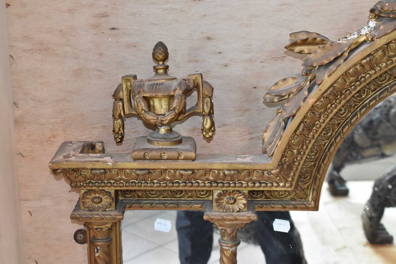 An ornate 19th century gilt wall mirror with domed crested top flanked by urns and with column - Image 2 of 4