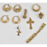 A mixed lot of 9ct gold jewellery including two pairs of earrings, cross pendant, and various