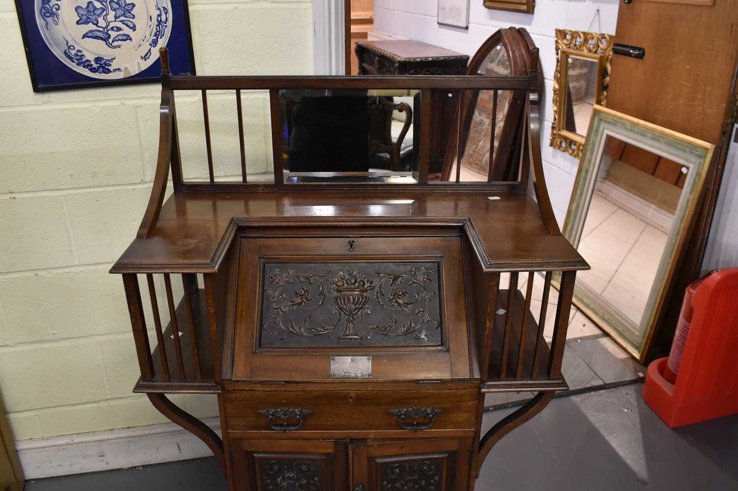 A late Victorian mahogany bureau of small size, with bevelled mirror inset to the back above fall - Image 3 of 4