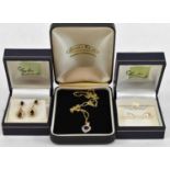 A pendant on 9ct gold chain and two boxed pairs of 9ct gold earrings (3).