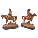 A pair of late 19th century spelter figures of cavaliers on horseback, on ebonised plinth bases,