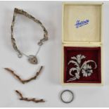 A silver five bar gate link bracelet, a ring, and a costume floral brooch, also two 9ct chain