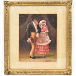 A gilt framed oil on board depicting two monkeys dressed in Victorian clothing, 24 x 18.5cm,