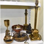 A small quantity of brassware including two similar brass Corinthian column table lamps, a figural