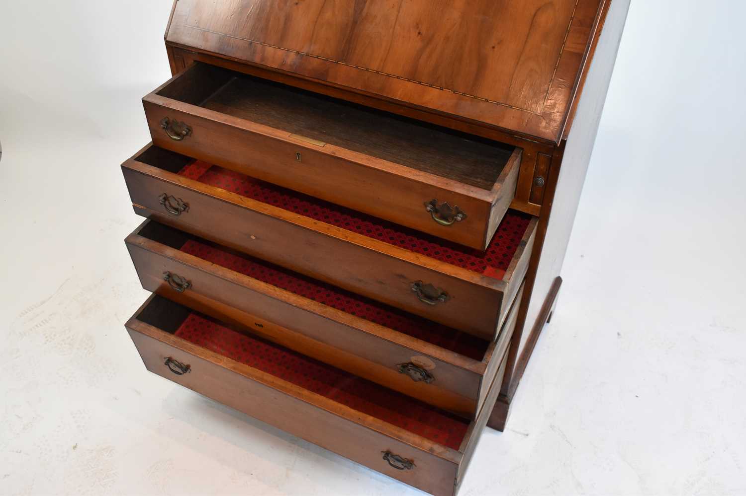 A reproduction yew wood four drawer bureau, width 73cm. - Image 3 of 3