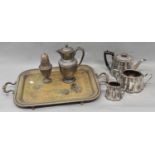 A silver plated three piece tea service, twin handled tray, hot water jug and a large sugar caster.