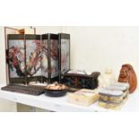 A mixed lot including a boxed miniature lacquered screen, height 24cm, decorative box with porcelain