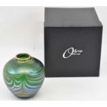 OKRA; a green iridescent glass vase, RP9, height 13cm, boxed.