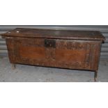 A late 17th century carved oak six plank coffer.Condition Report: Later hinges.