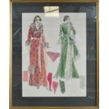 DAVID BROOKS; watercolour, fashion designs of females in elegant gowns, 49 x 37cm, framed.