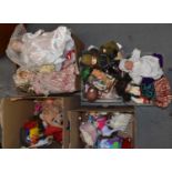 Five boxes of assorted toys including china collectable dolls on stands, soft toys, ponies, teddy