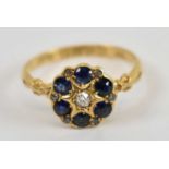 A 19th century 18ct yellow gold sapphire and diamond flower head ring, size L, approx 2.2g.