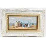 UNATTRIBUTED; oil on canvas, beach scene with figures and huts, 36cm x 17cm, framed and glazed.