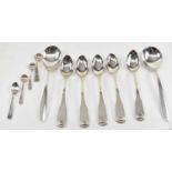 A set of five Danish silver teaspoons, two larger spoons, a pair of cruet spoons, and two others,