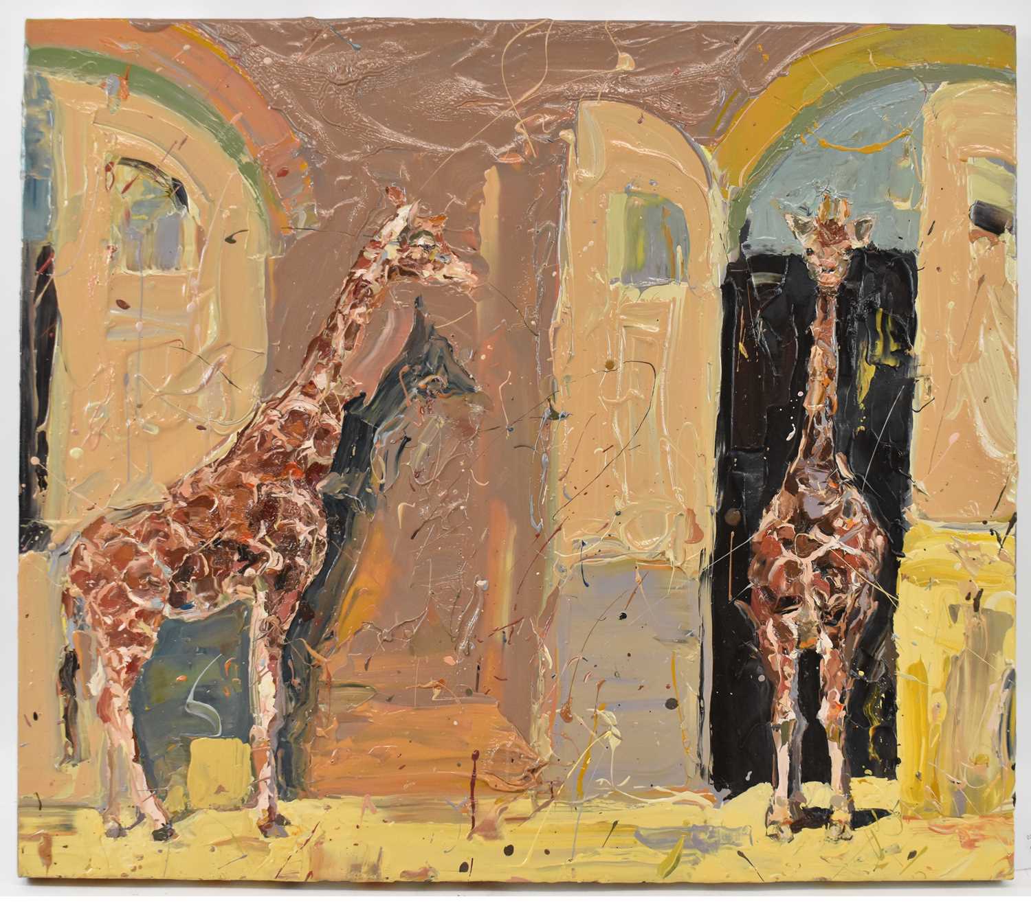 X PAUL RICHARDS (born 1949); large oil on canvas, study of giraffes, signed and dated 2010 verso, 66