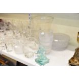 A quantity of glassware including champagne glasses, brandy balloons, wine glasses, part dessert