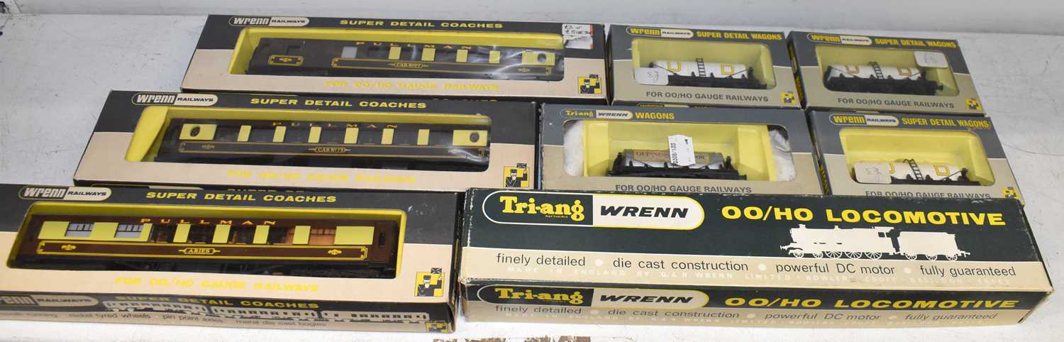 TRI-ANG, WRENN; a OO/H0 locomotive 'Dorchester' and seven pieces of boxed rolling stock (8).