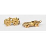 Two 9ct yellow gold charms modelled as vintage cars, combined approx 7.6g.