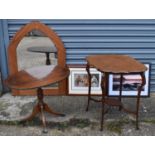 A pine framed mirror, two occasional tables, and a framed print of 'We Three Kings' and one other (