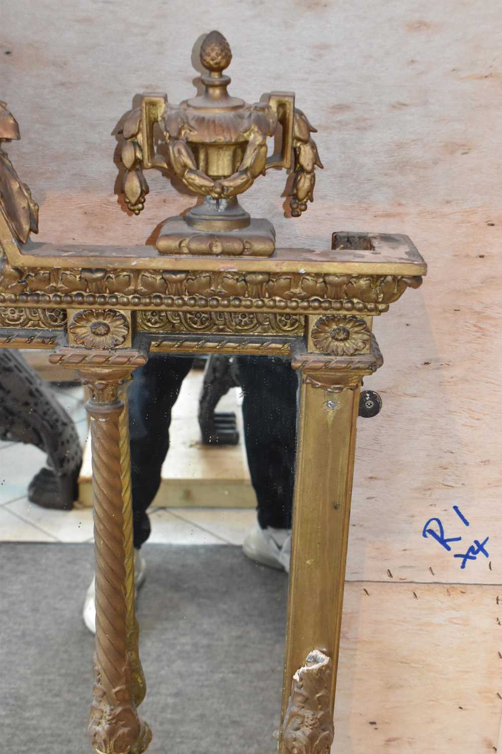 An ornate 19th century gilt wall mirror with domed crested top flanked by urns and with column - Image 4 of 4