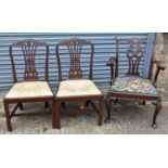 A 19th century mahogany Chippendale style open arm elbow chair, and a pair of Georgian mahogany side