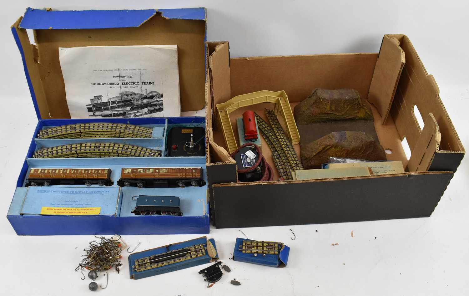 A boxed Hornby Dublo electric train, also further Hornby railway items including track, a bridge,