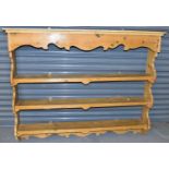 Three old pine open wall shelves, and a pine wall mounted spice rack/shelf (4).