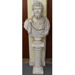 A large composite bust of a classical figure, on travertine column base, height 156cm.