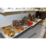 A mixed lot including silver plated teapots, coffee pots, sugar sifter, etc, brass photograph frame,