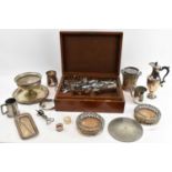 A Mappin & Webb mahogany canteen box with sundry contents of stainless steel cutlery, also a pair of