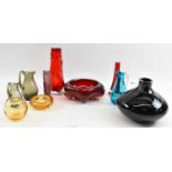 A collection of predominantly Whitefriars glassware including finger ring vase, three ruby glass