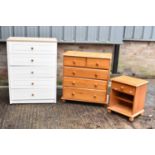 A pine five drawer chest of drawers, a pine bedside cabinet with single drawer, and a modern cream