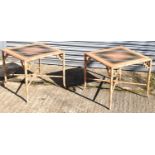 A pair of decorative simulated bamboo coffee tables with inset glass tops, 55 x 55cm.