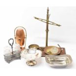 A set of Milward patent brass scales and various other metalware including hammered copper, silver