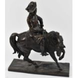 A bronze figure of a cavalier on horseback, indistinctly signed to underside of base, height 38cm,