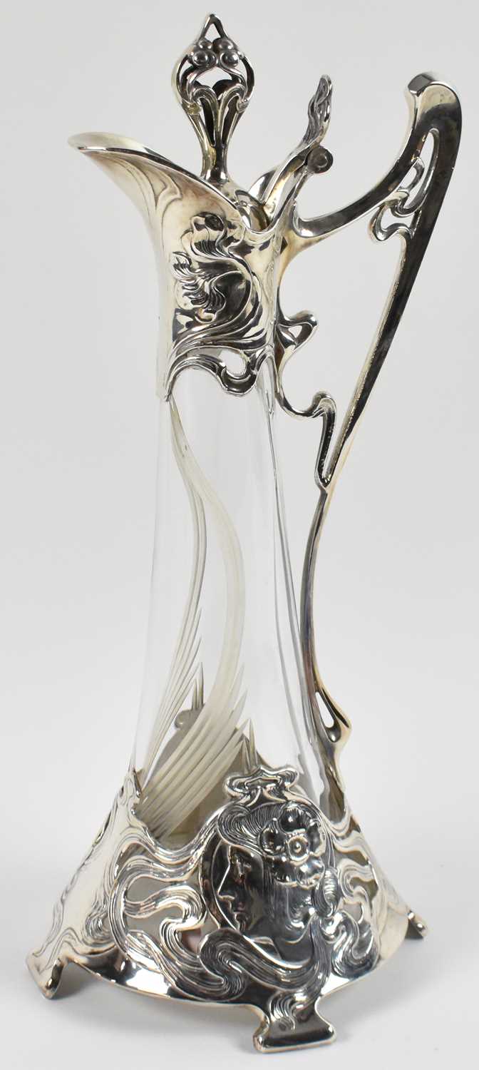 A large Art Nouveau style silver and etched glass claret jug of impressive proportions, stamped - Image 2 of 5