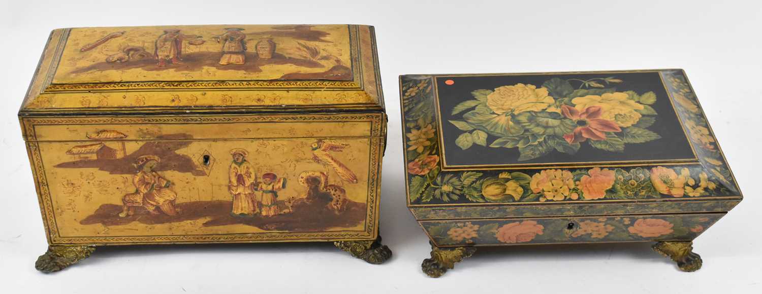 An unusual 19th century Regency period yellow lacquer and gilt chinoiserie decorated tea caddy of